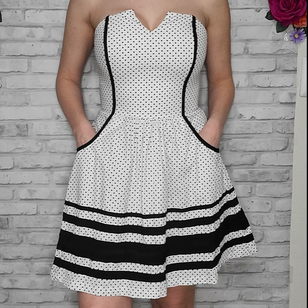 Y2K Bebe Black White Polka Dot Flare Mini Dress